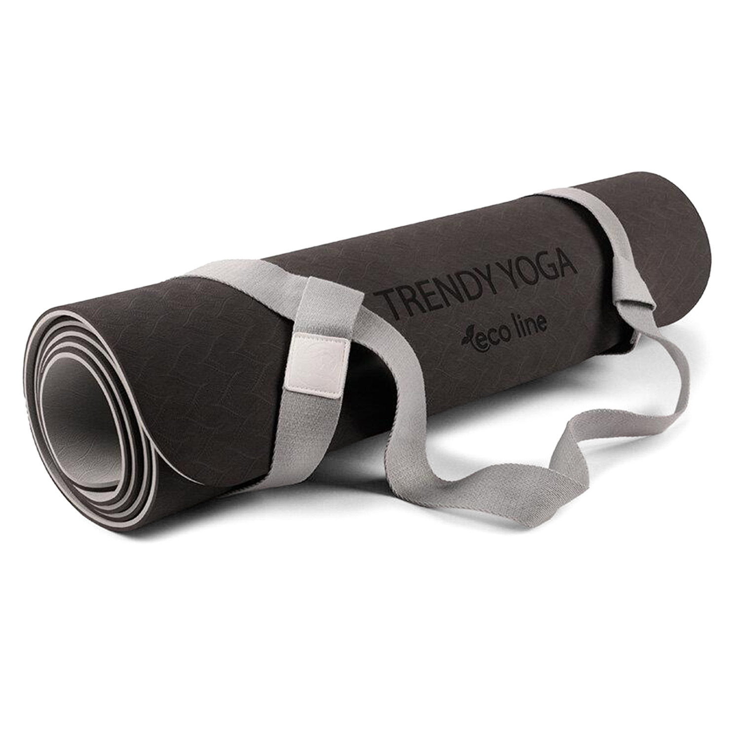 Zusammengerollte Yoga-Matte mit der Aufschrift 'TRENDY YOGA eco line' und einem grauen Tragegurt
