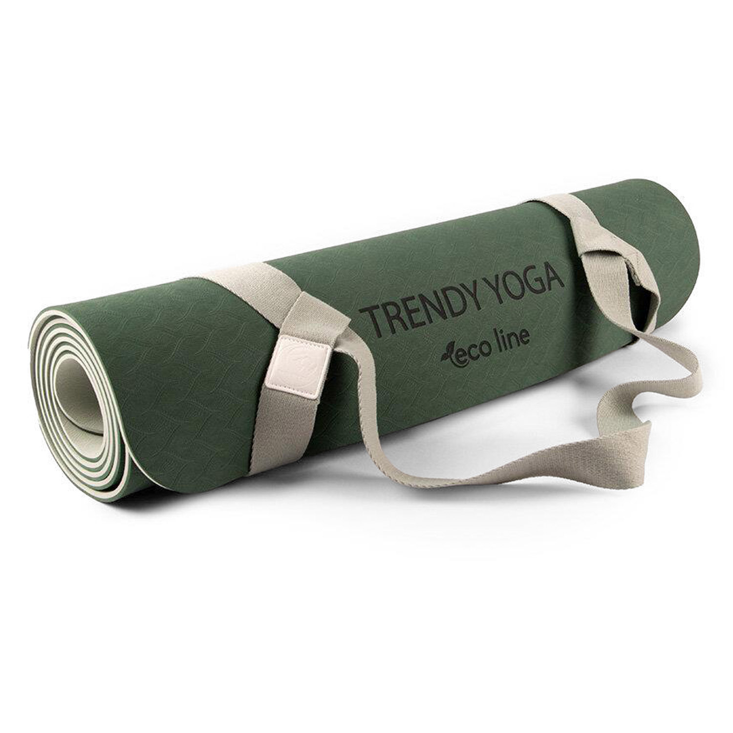 Grüne, zusammengerollte Yoga Matte mit beigem Gurt.