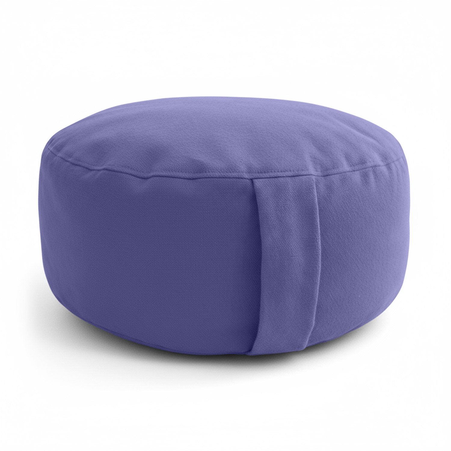 Ein rundes lila Meditationskissen mit einem Tragegriff.