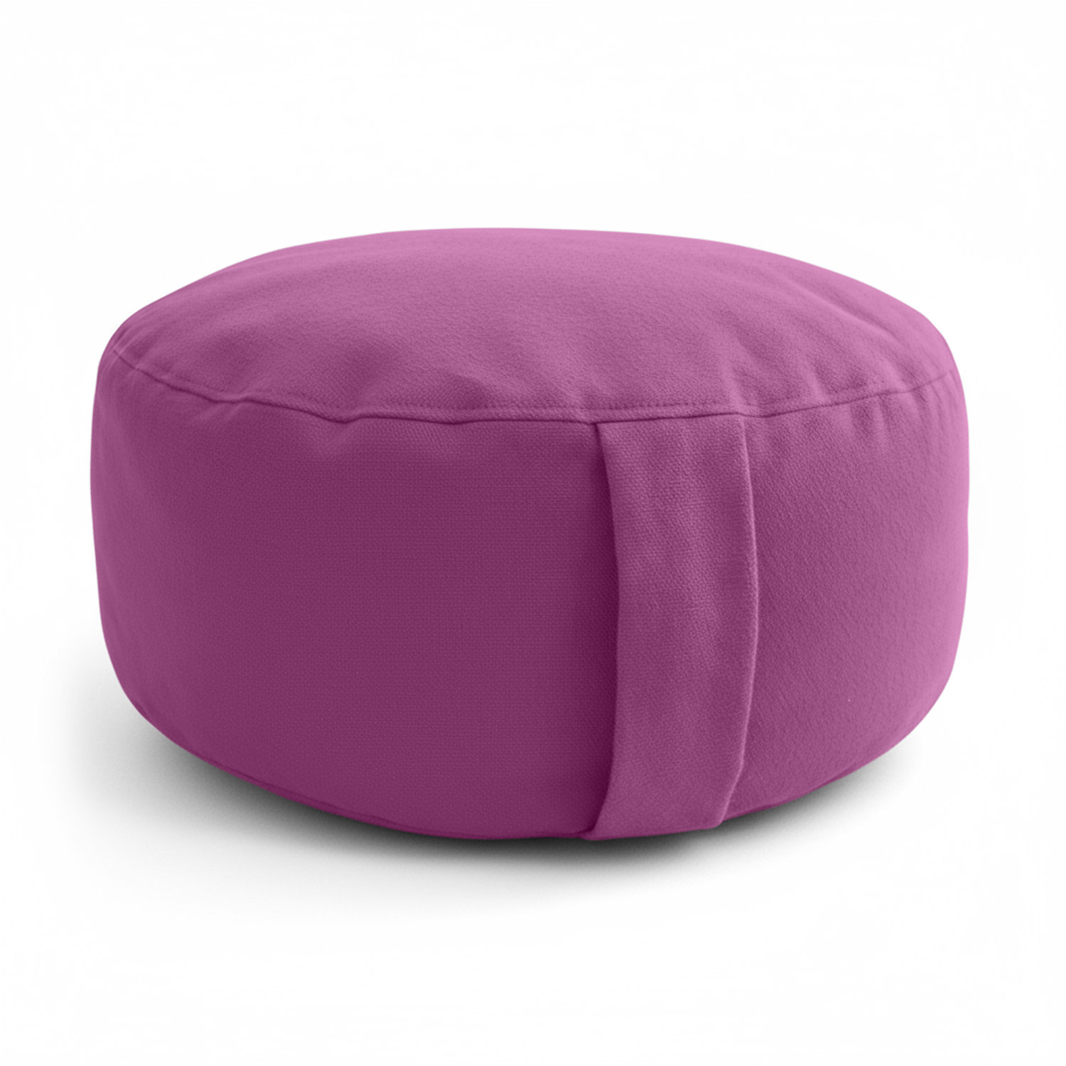 Ein runder, pinkfarbener Sitzpouf aus Stoff mit Griff