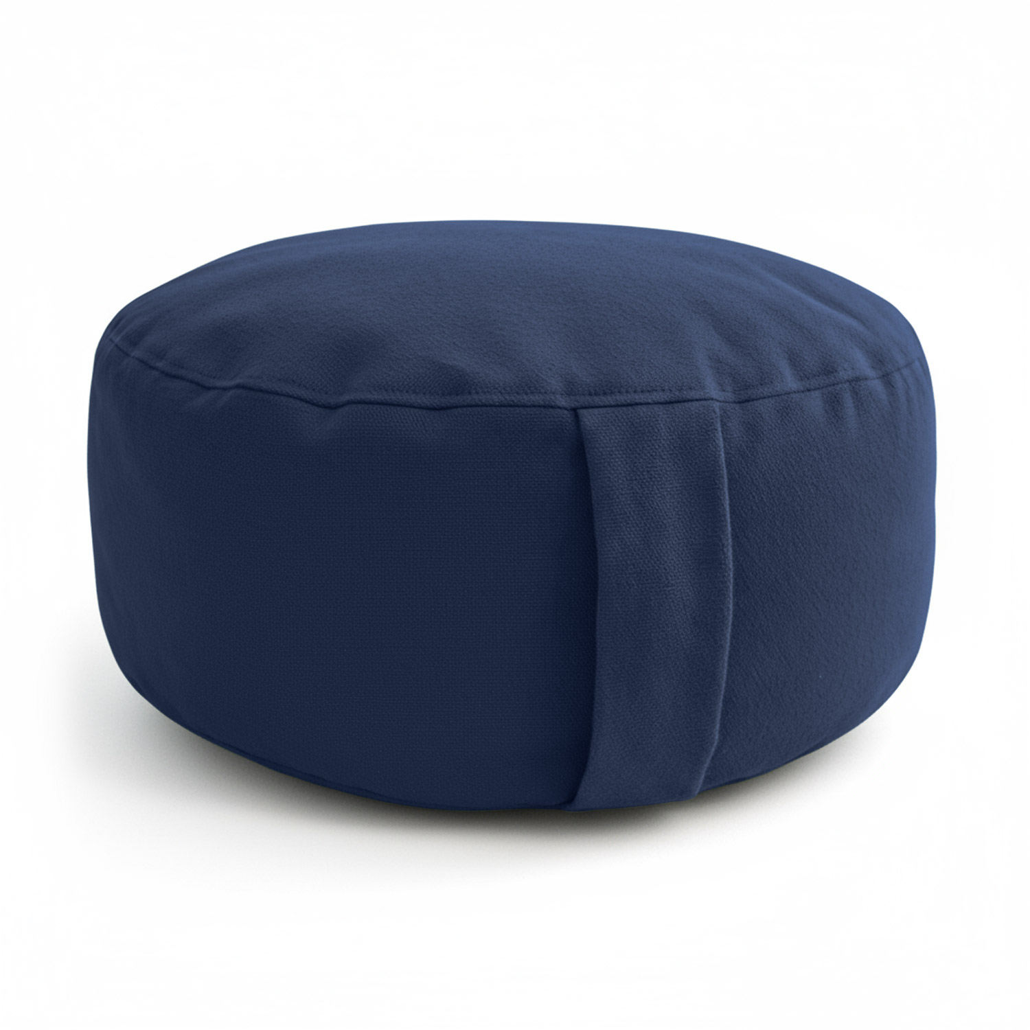 Ein blauer, runder Pouf aus Stoff, der als Sitzgelegenheit dient.