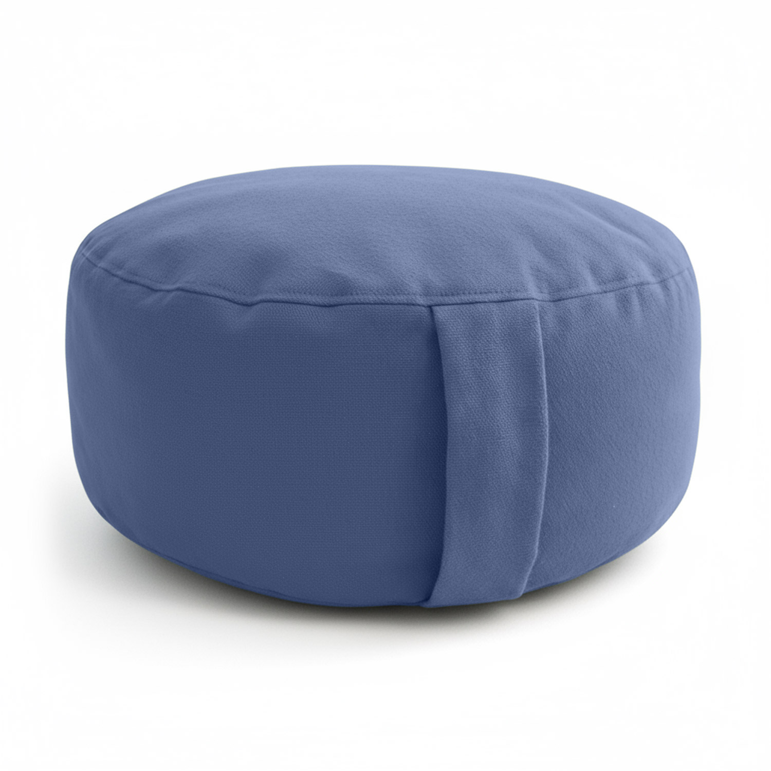 Ein blauer runder Sitzpouf aus Stoff auf weißem Hintergrund.