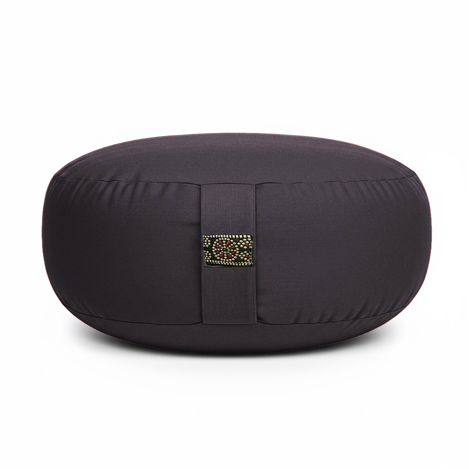 Ein rundes, schwarzes Meditationskissen mit Stickerei