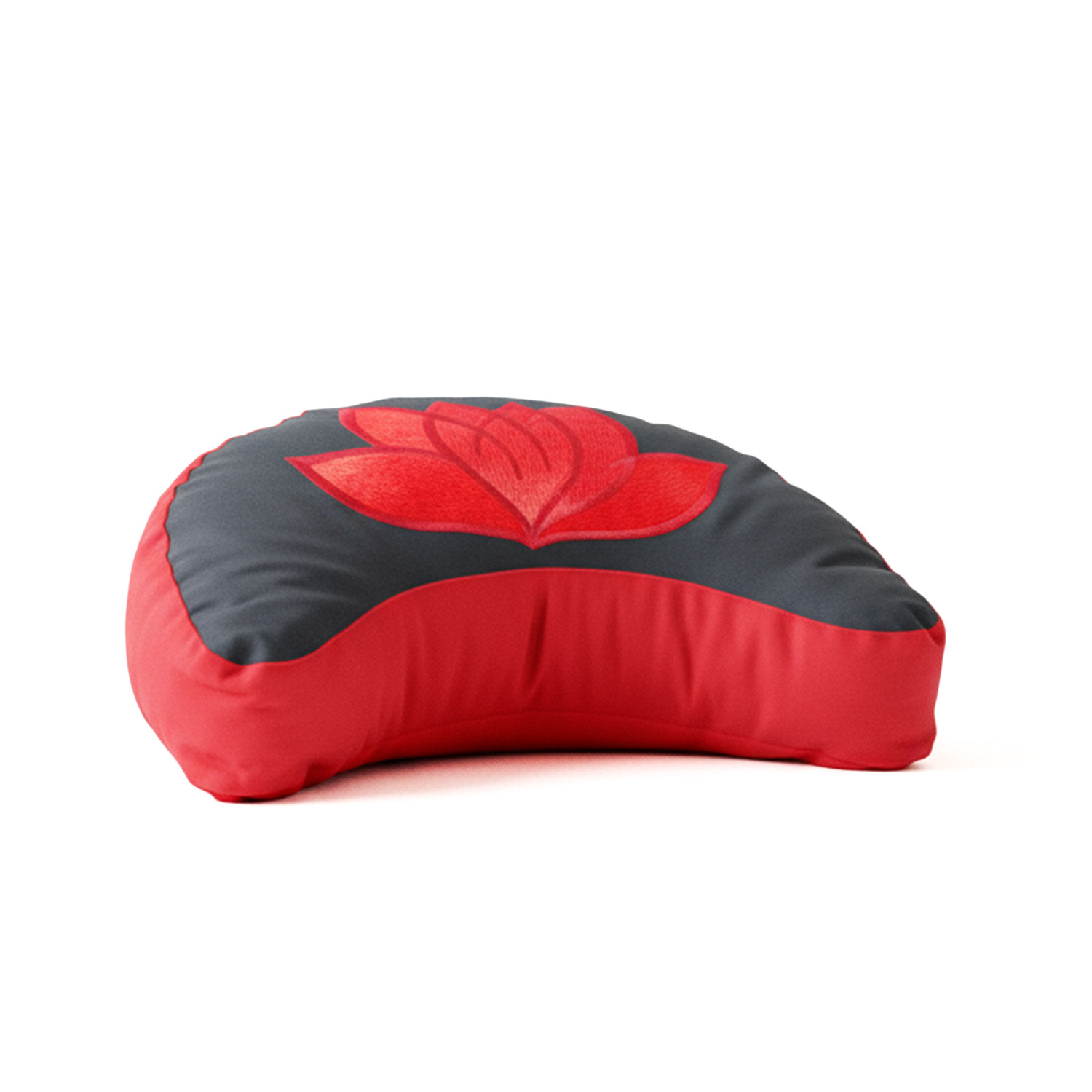 Halbmondförmiges Kissen mit rotem Lotusblumenmuster auf schwarzem Hintergrund