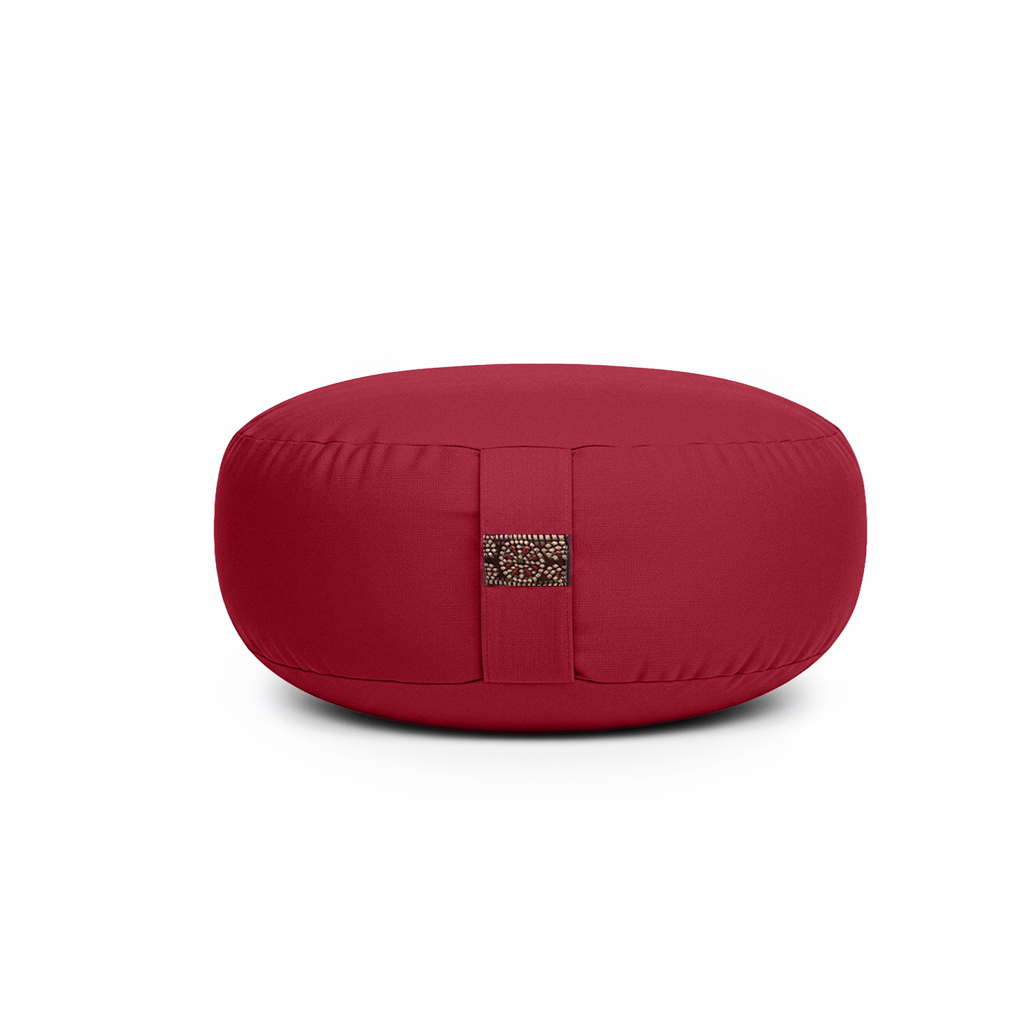 Ein rotes rundes Meditationskissen mit Griff