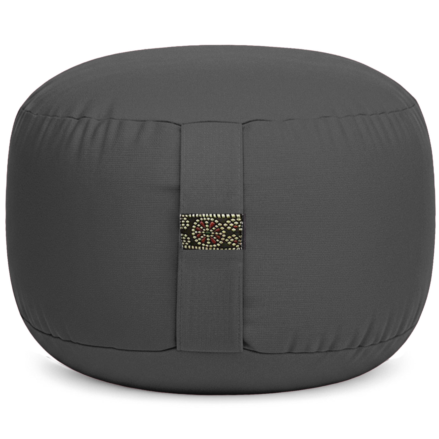 Graues, rundes Meditationskissen mit dekorativen Elementen