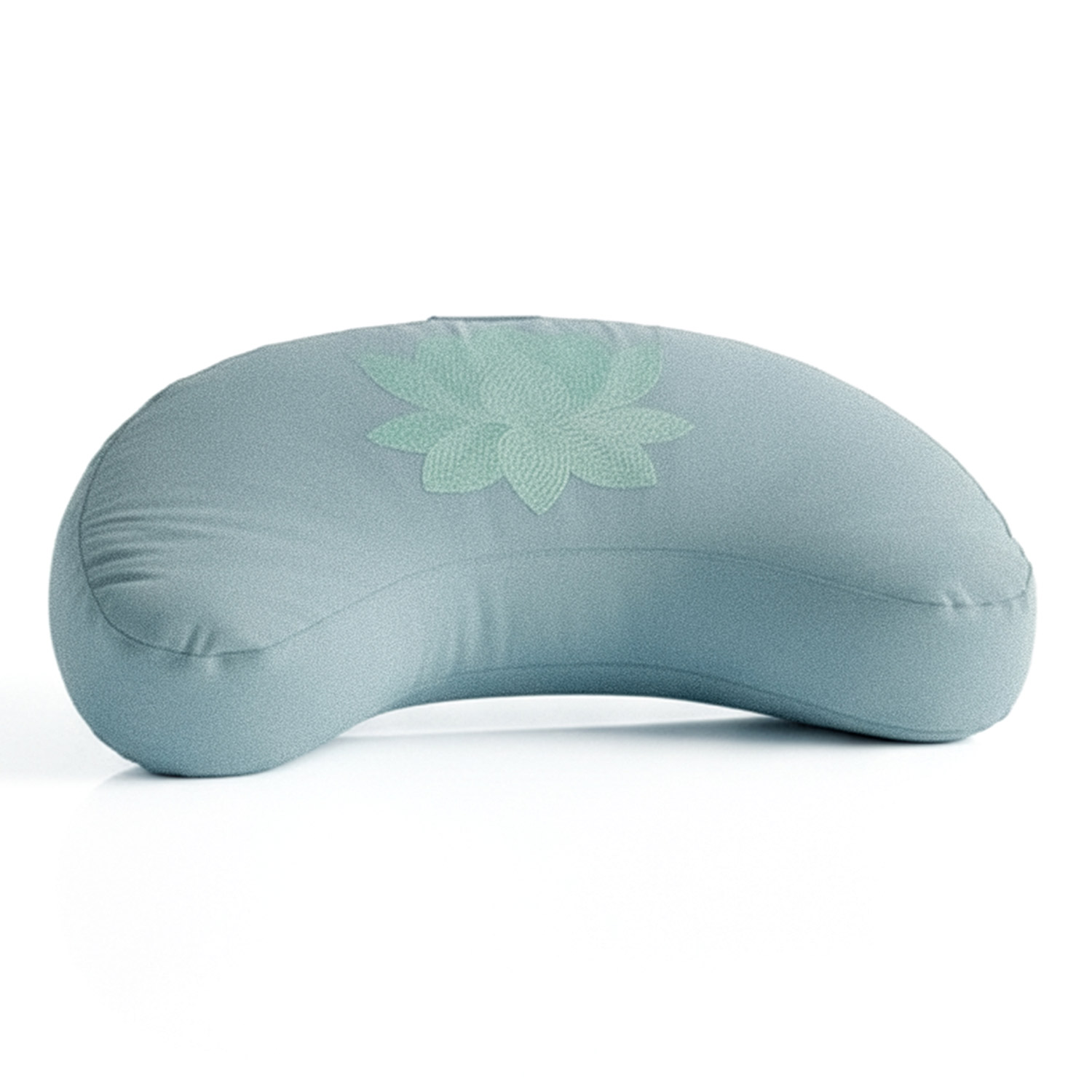 Ein blaues, ergonomisch geformtes Kissen mit Blumenmuster