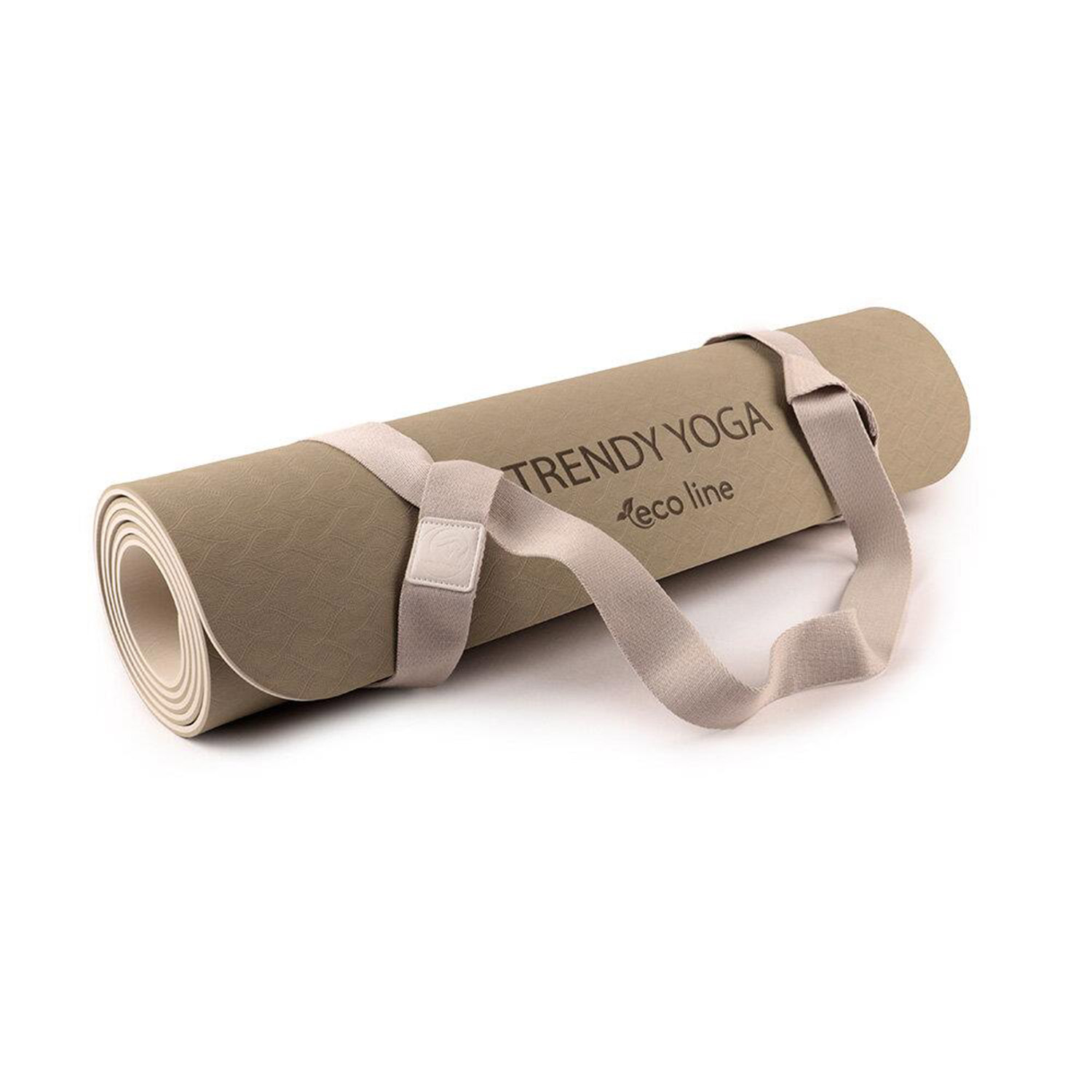 Eine gerollte Yogamatte in Beige mit einem Tragegurt.