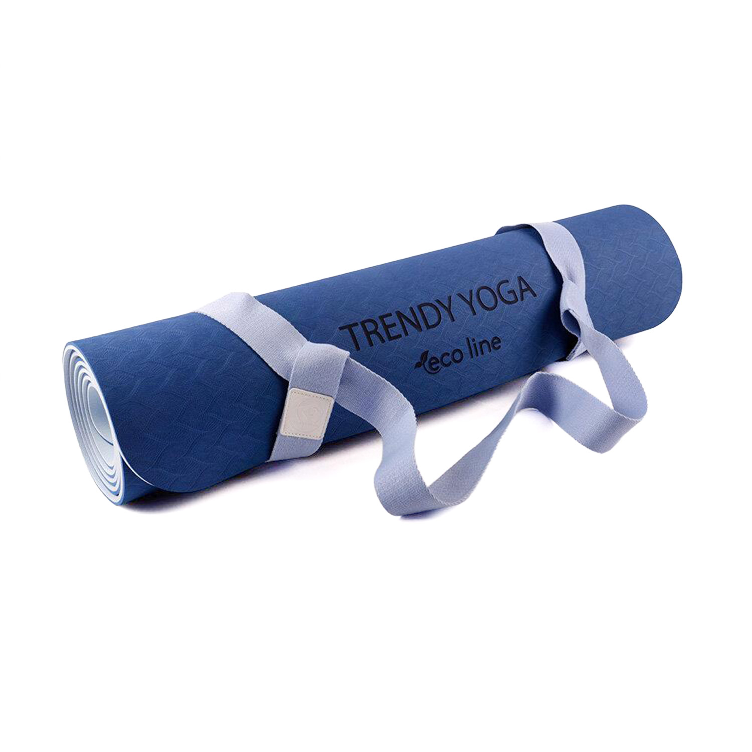 Gerollte blaue Yogamatte mit grauem Trageriemen und Schriftzug 'TRENDY YOGA eco line'