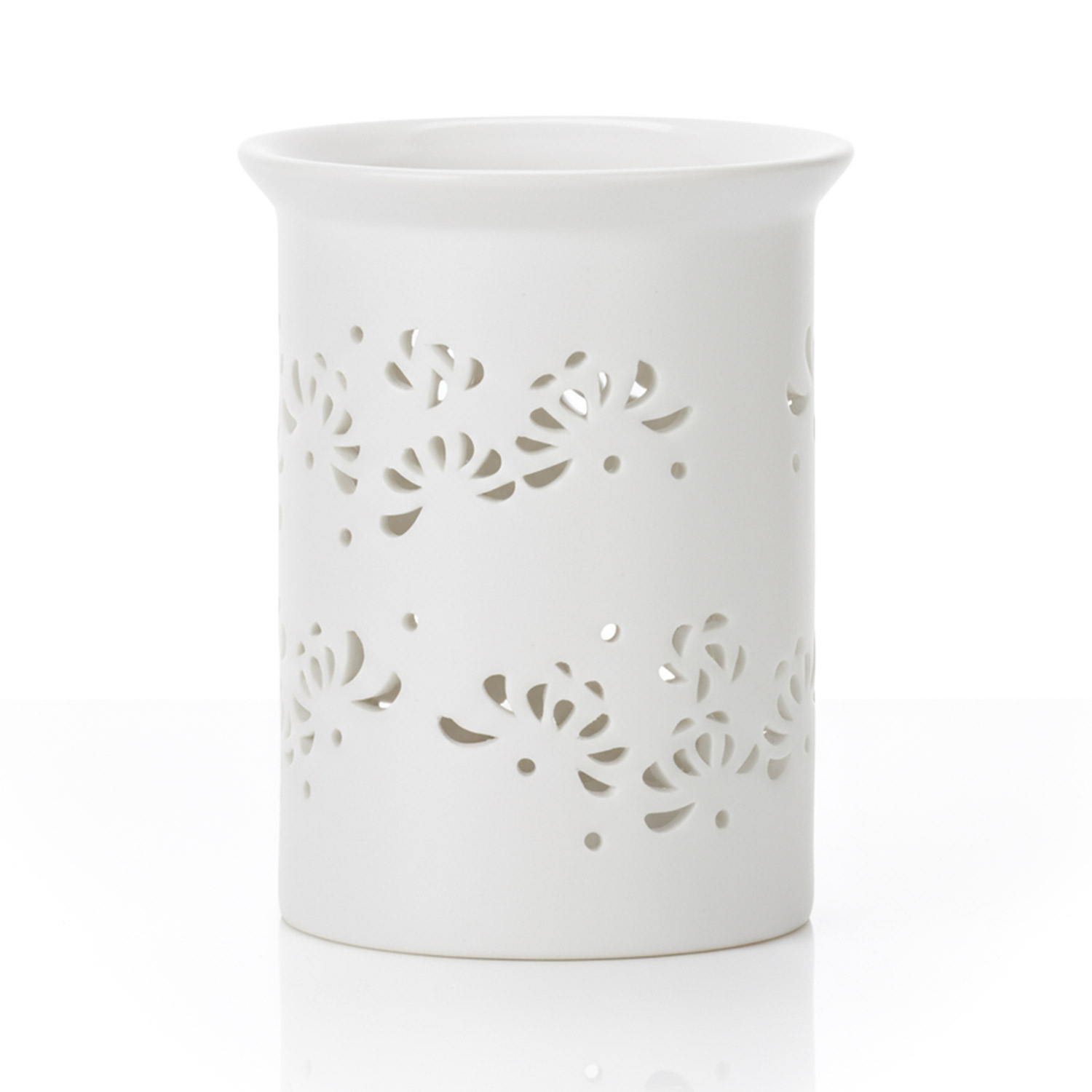 Weißer zylindrischer Teelichthalter mit floralem Muster und Lochdesign