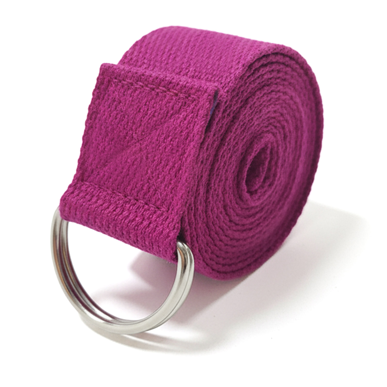 Ein zusammengerollter lila Yoga-Gurt mit zwei Metallringen am Ende.