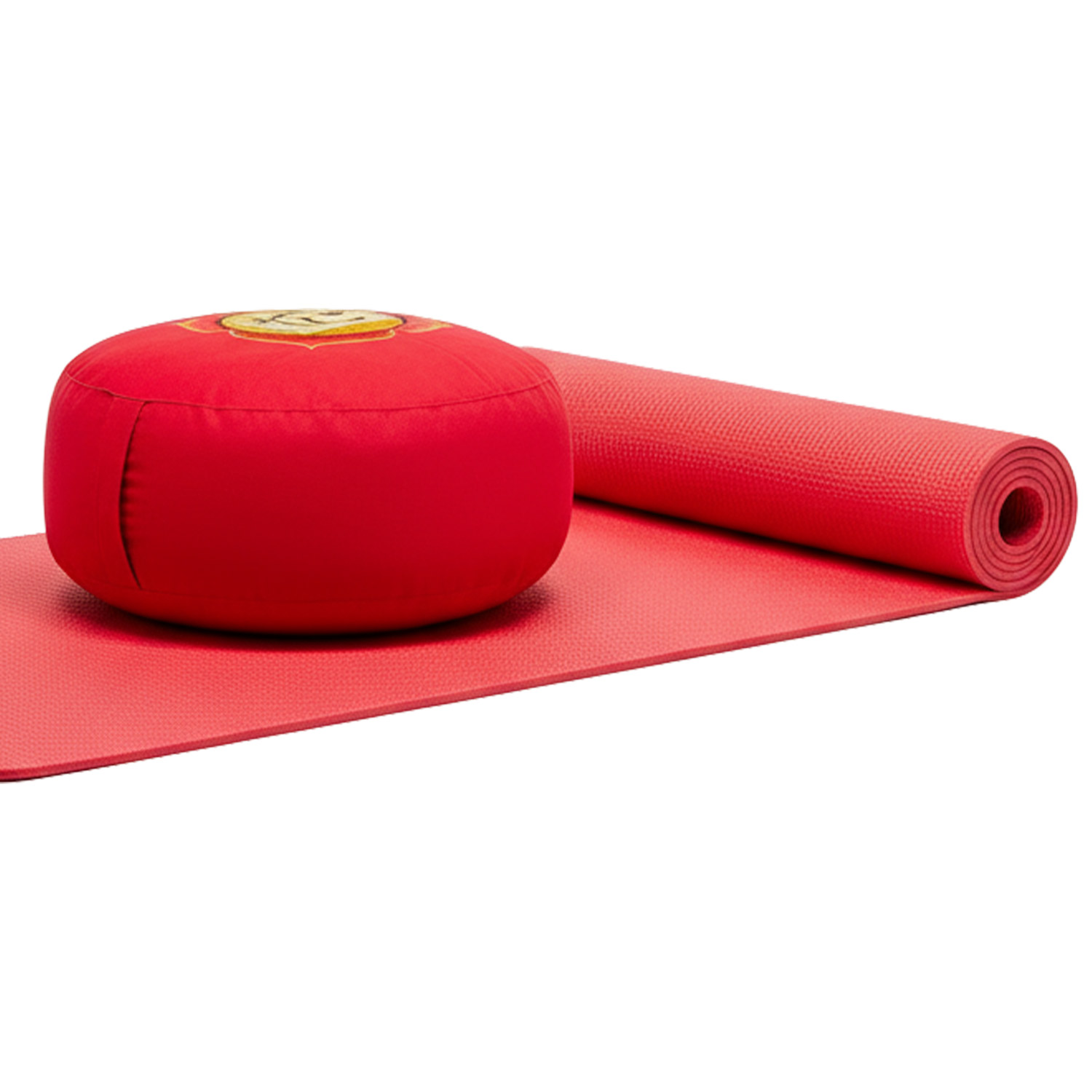 Rote Yogamatte mit einem runden roten Meditationskissen