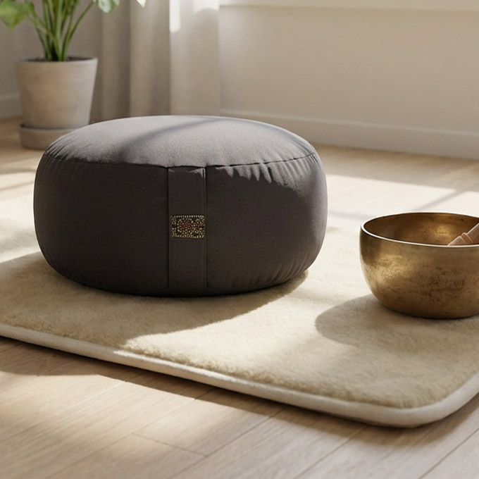 Graues Meditationskissen auf hellem Teppich neben einer goldenen Klangschale