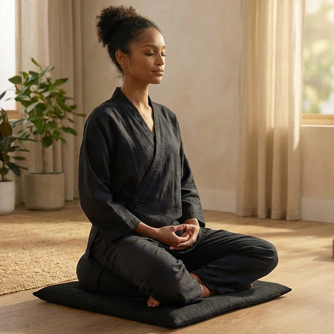 Frau sitzt meditierend auf einem Kissen in einem hellen Raum