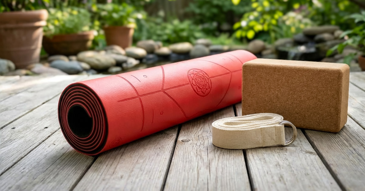 Deine Yoga-Ausrüstung: Yogamatten und Hilfsmittel Aufgerollte Yogamatte, Yoga-Block und Gurt auf Holzboden, essentielle Yoga-Ausrüstung darstellend.