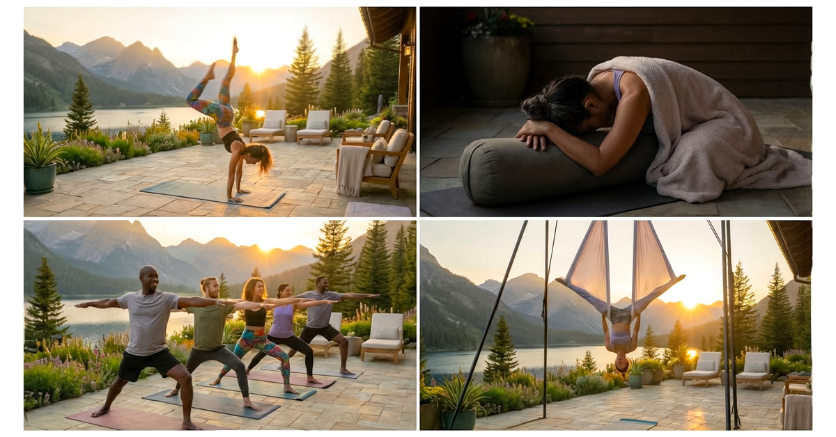 Verschiedene Yoga-Stile wie Vinyasa, Yin, Hatha und Aerial Yoga zeigen die Vielfalt der Praxis.