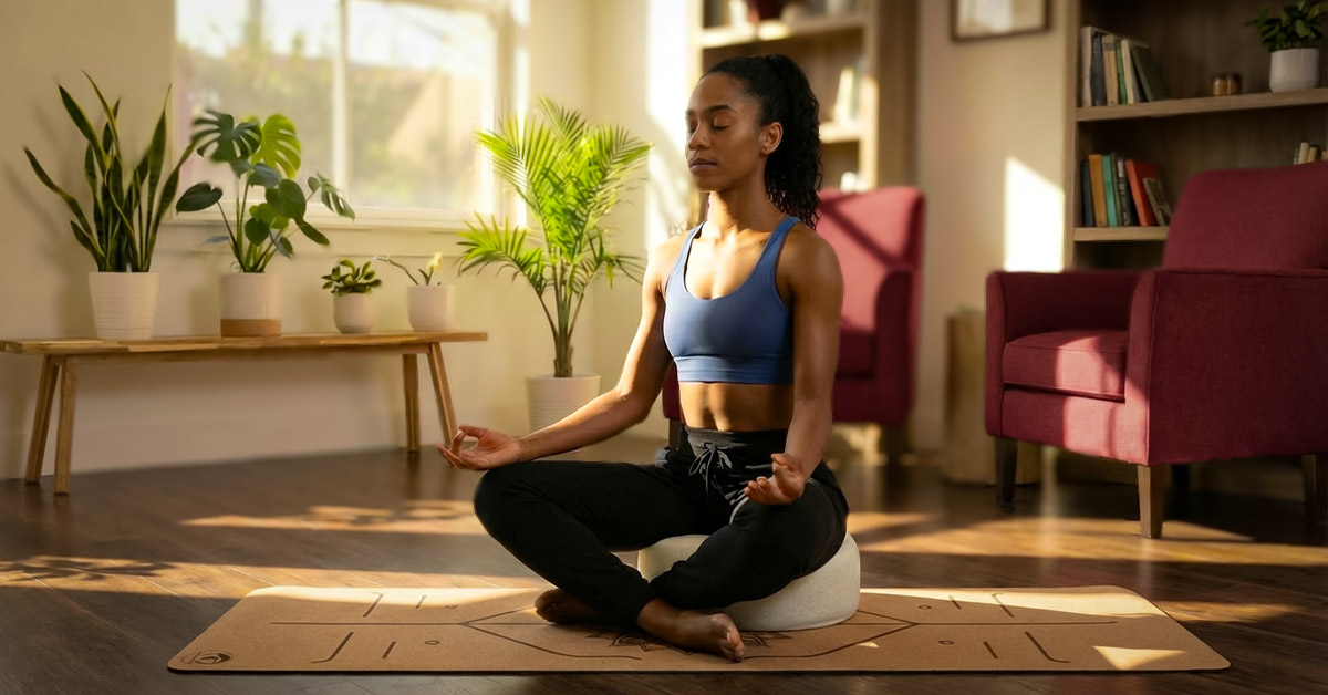 Finde die richtige Yogamatte für deine Praxis Eine hochwertige Yogamatte liegt bereit für die Yogapraxis in einem hellen, ruhigen Raum. Im Hintergrund ist eine Person in einer entspannten Meditationshaltung zu sehen.