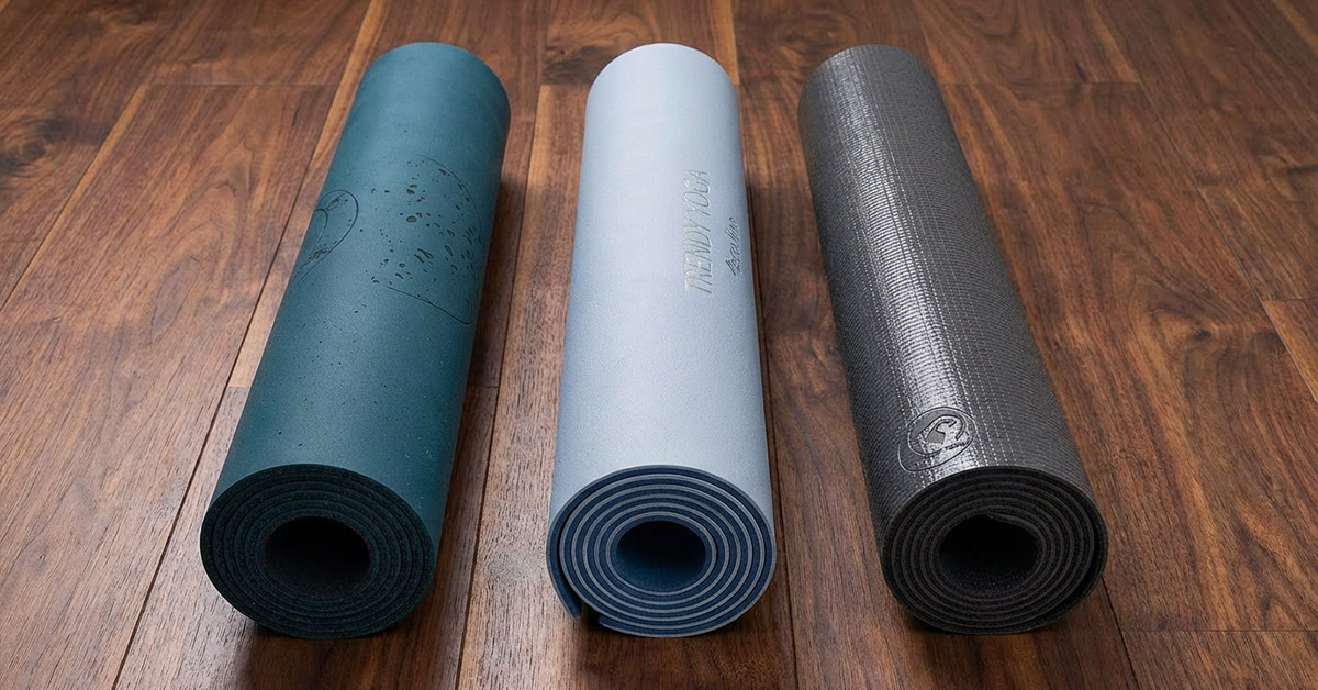 Materialvielfalt deiner Yogamatte Drei nebeneinander liegende, aufgerollte Yogamatten aus Naturkautschuk, TPE und PVC, die die optische Vielfalt der Materialien hervorheben.