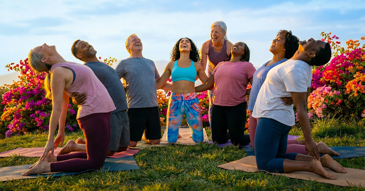 Gemeinsam das Herz öffnen im Anusara Yoga Eine lachende Gruppe von Yogis in einer herzöffnenden Haltung beim gemeinsamen Anusara Yoga.