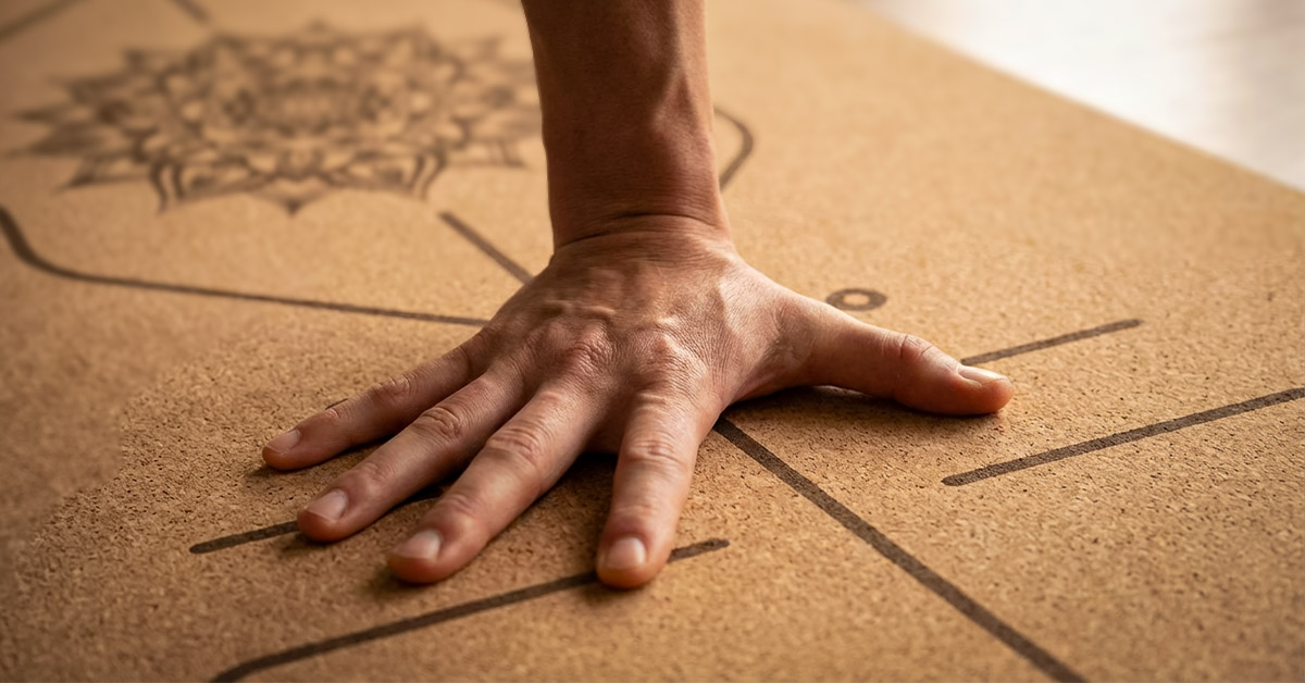 Präzise Hand-Ausrichtung im Anusara Yoga Nahaufnahme einer Hand mit präziser Ausrichtung der Finger und Handfläche auf einer Yogamatte, wichtig für Anusara Yoga.