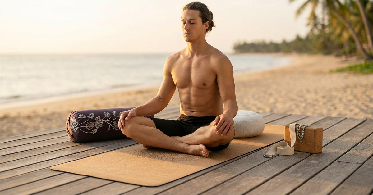 Ein Yogi sitzt entspannt auf einer Yogamatte, die perfekt zu ihr passt und ein Gefühl der Ruhe vermittelt.