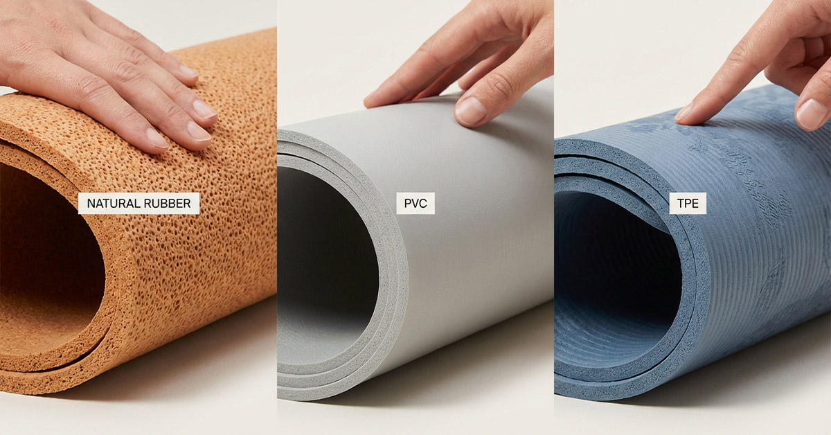Nahaufnahme von Yogamatten aus Naturkautschuk, PVC und TPE, die ihre unterschiedlichen Texturen und Materialien zeigen.