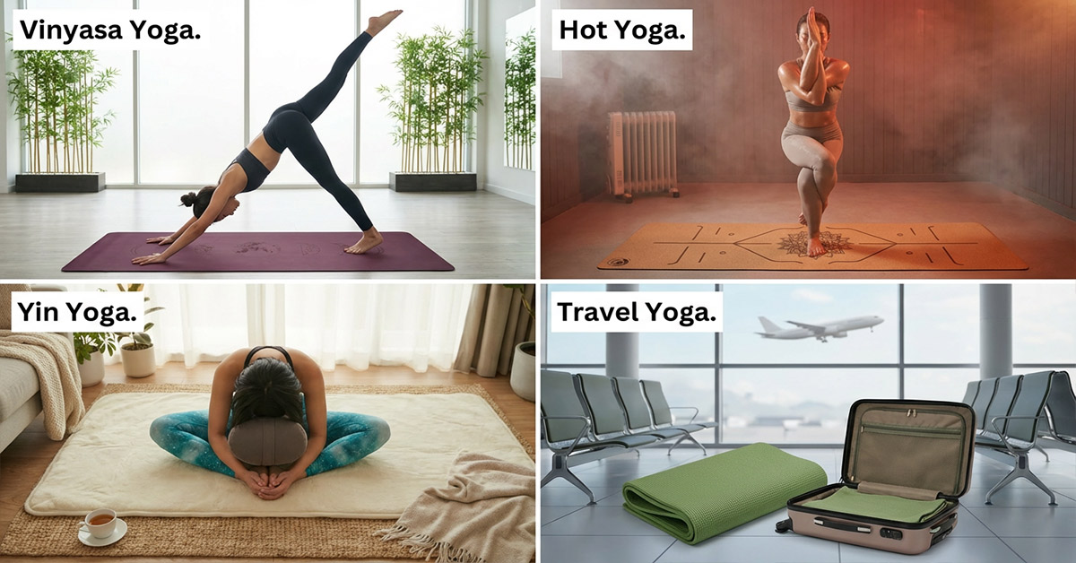 Nahaufnahme von Yogamatten aus Naturkautschuk, PVC und TPE, die ihre unterschiedlichen Texturen und Materialien zeigen.