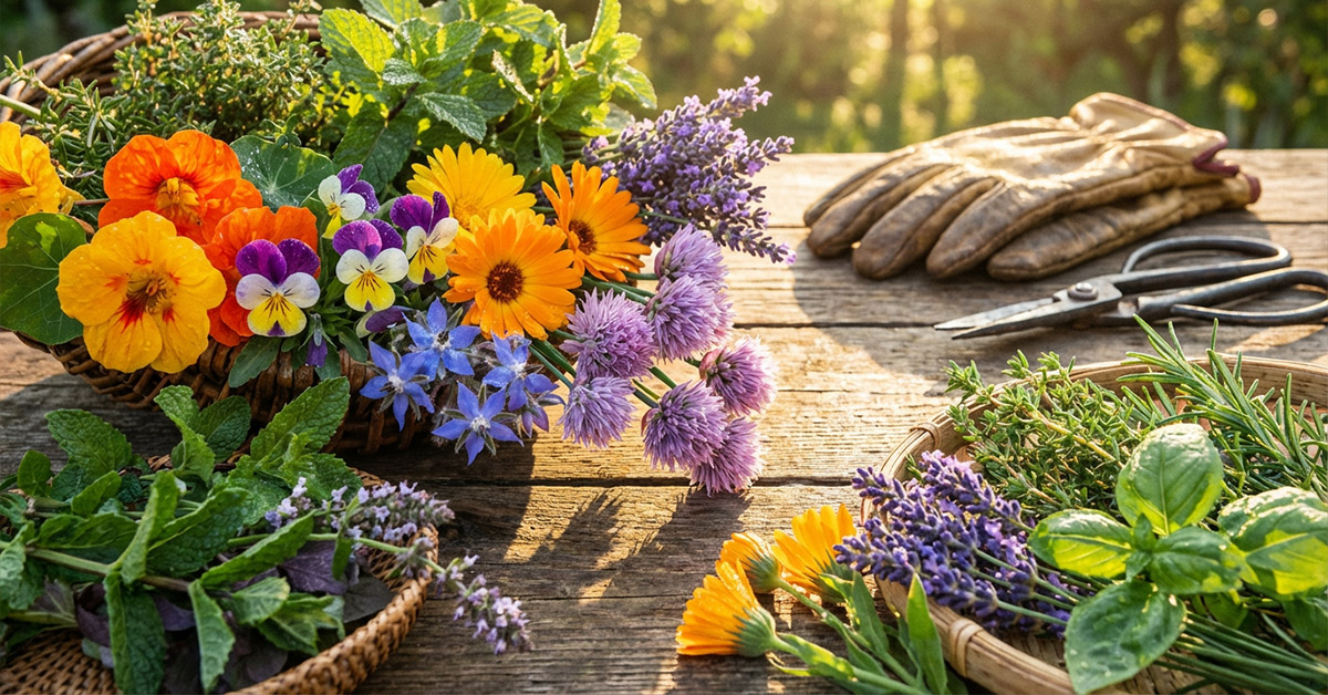 Deine essbaren Blüten und Kräuter – frisch aus dem Garten Bunte essbare Blüten und frische Kräuter auf Holztisch nach der Ernte, bereit zum Kochen