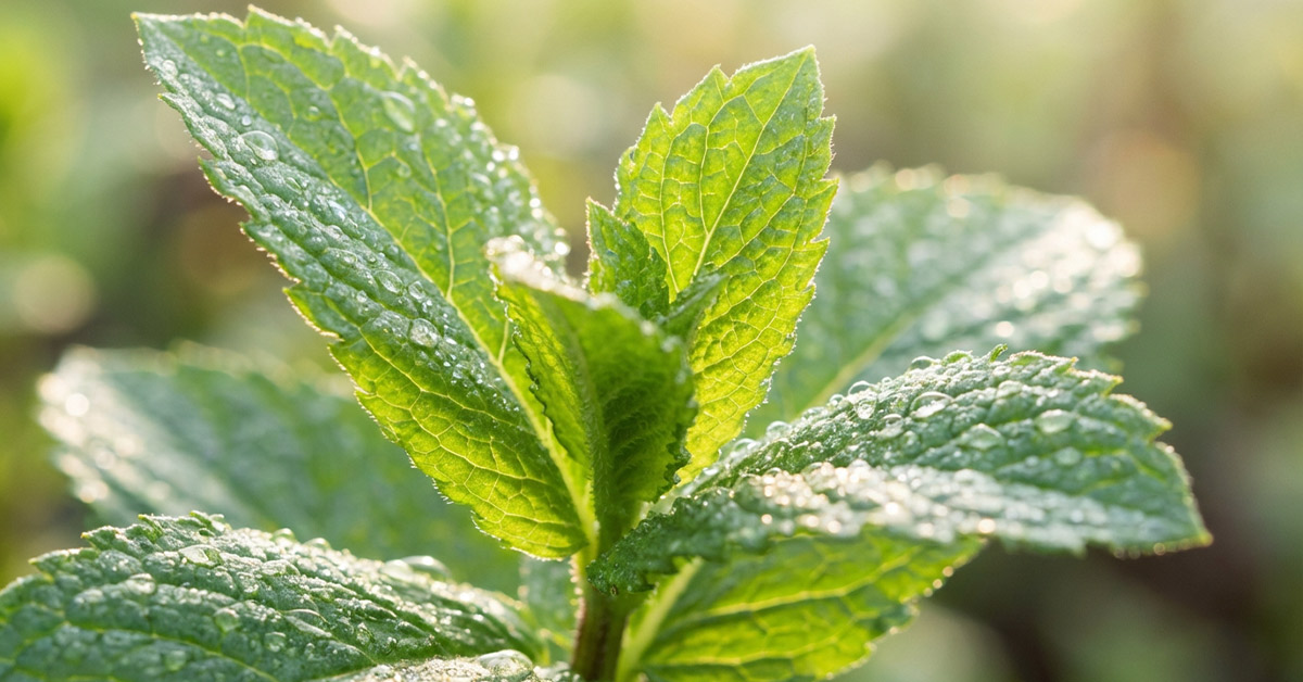 Deine frische Minze aus dem Garten Frische grüne Minzblätter mit Tautropfen im Morgenlicht