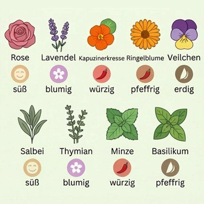 Illustration von Blüten und Kräutern mit Geschmacksbeschreibungen: Rose, Lavendel, Kapuzinerkresse, Ringelblume, Veilchen, Salbei, Thymian, Minze, Basilikum.