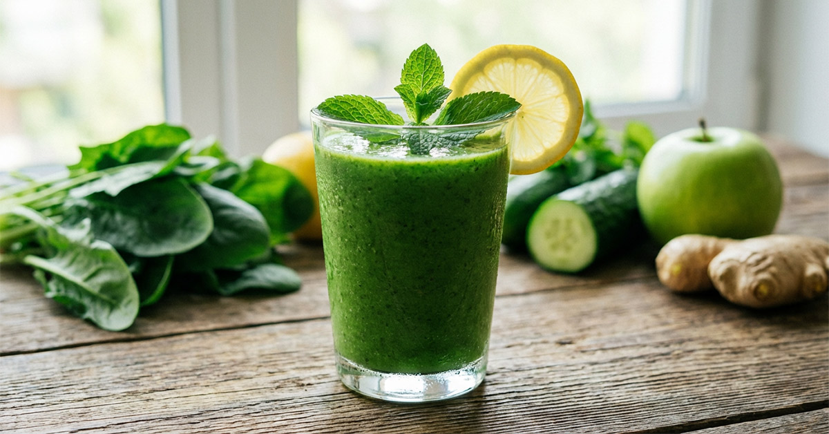 Ein frischer grüner Detox-Smoothie mit Minze und Zitrone auf einem Holztisch.