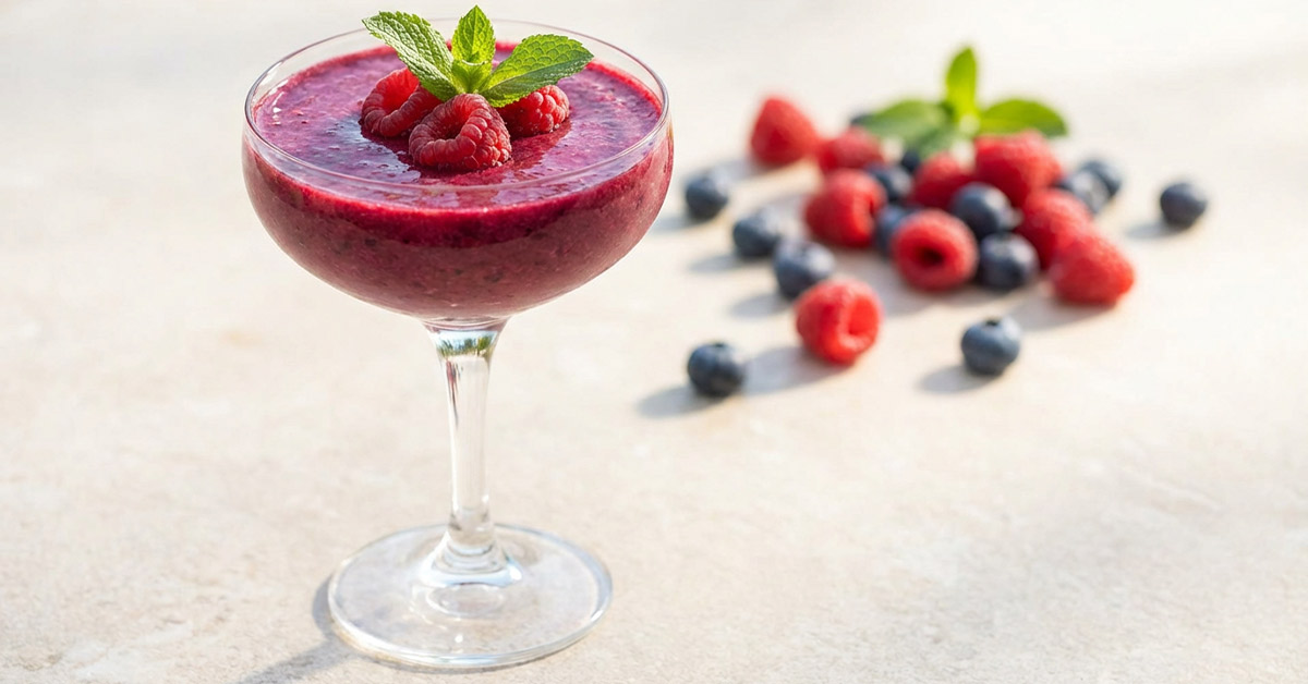 Ein appetitlicher Beerensmoothie mit frischen Beeren und Minze.
