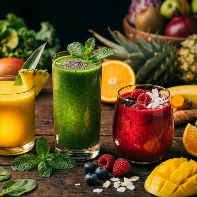 Drei Gläser mit gelbem, grünem und rotem Smoothie, umgeben von frischen Früchten auf einem Holztisch.