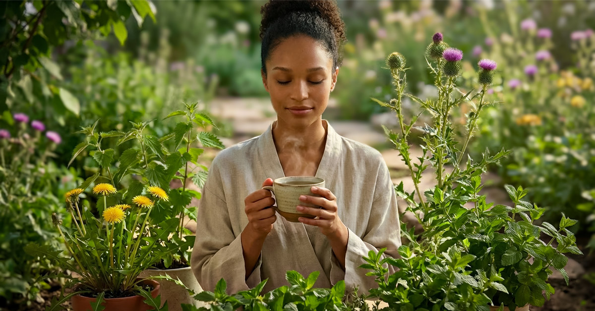 Starte deinen Detox-Weg mit Heilpflanzen für mehr Energie Junge Frau entspannt mit Kräutertee umgeben von frischen Detox-Heilpflanzen