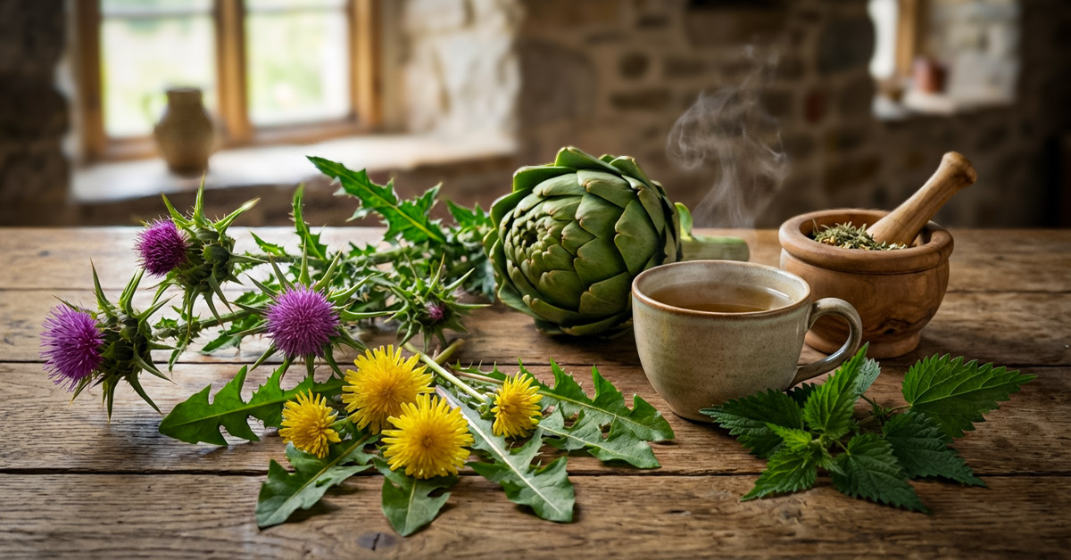 Entdecke die Vielfalt der Heilpflanzen für deine Detox-Kur Anordnung von frischen Detox-Heilpflanzen und Kräutertee auf Holztisch