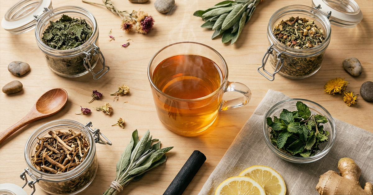 Entdecke die Vielfalt der Heilpflanzen für deine Detox-Kur Anordnung von frischen Detox-Heilpflanzen und Kräutertee auf Holztisch