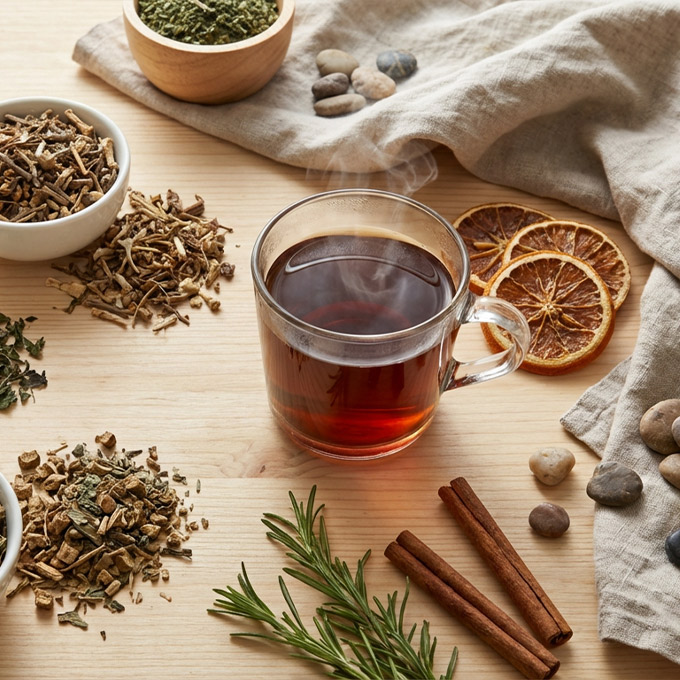 Eine Glas-Tasse mit dampfendem Kräutertee, umgeben von getrockneten Kräutern, Zimtstangen, Rosmarin und getrockneten Orangenscheiben auf einem Holztisch.