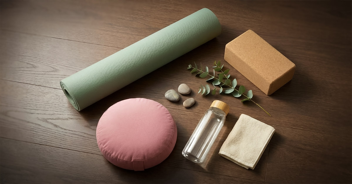 Deine Grundausstattung für die Yoga-Stunde Übersicht von Yoga-Ausrüstung auf Holzboden, bestehend aus Yogamatte, Block, Kissen, Wasserflasche und Handtuch.