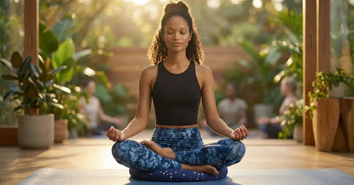 Dein Weg zur Yogalehrerin: Inspiration für deine Ausbildung Frau in Lotus-Sitz-Position auf Yogamatte, umgeben von friedlicher Atmosphäre, symbolisiert Yogalehrer-Ausbildung und inneren Frieden.