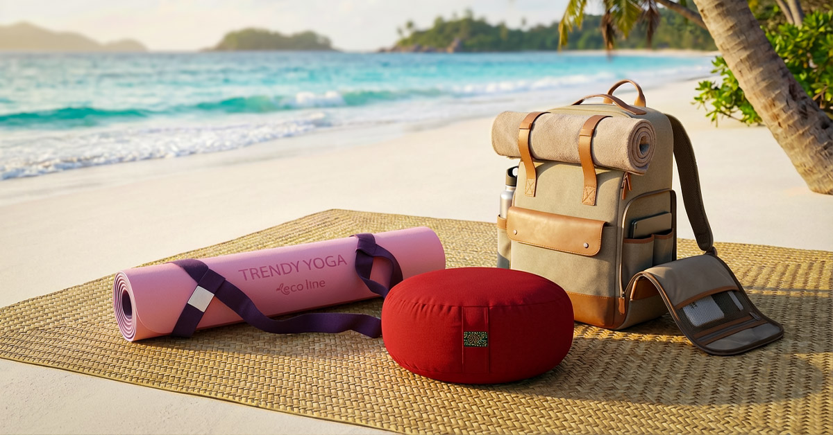 Dein Yoga-Reisekissen: Komfort für unterwegs und Kinderyoga Flaches Yoga-Reisekissen, Koffer und Kinderyogamatte symbolisieren leichte Yogapraxis im Urlaub und für Kinder.