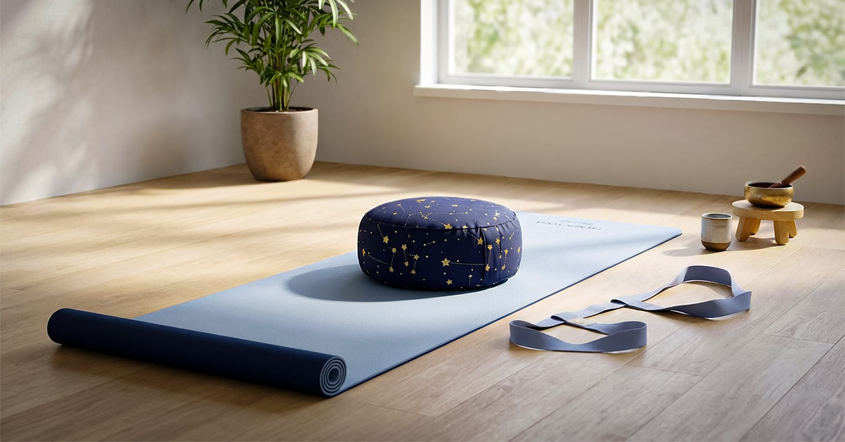 Yogaset Bluesky mit hellblau-blauer TPE-Yogamatte, Stars Bluesky Yogakissen und schwarzem Tragegurt auf Holzboden, bereit für die Praxis.