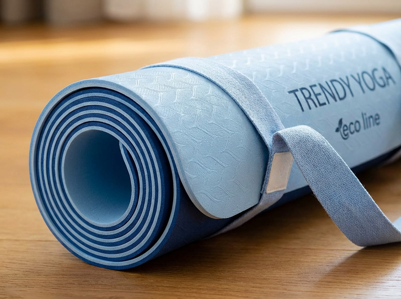 Gerollte TPE-Yogamatte Bluesky in Hellblau-Blau mit strukturierter Oberfläche und schwarzem Tragegurt.