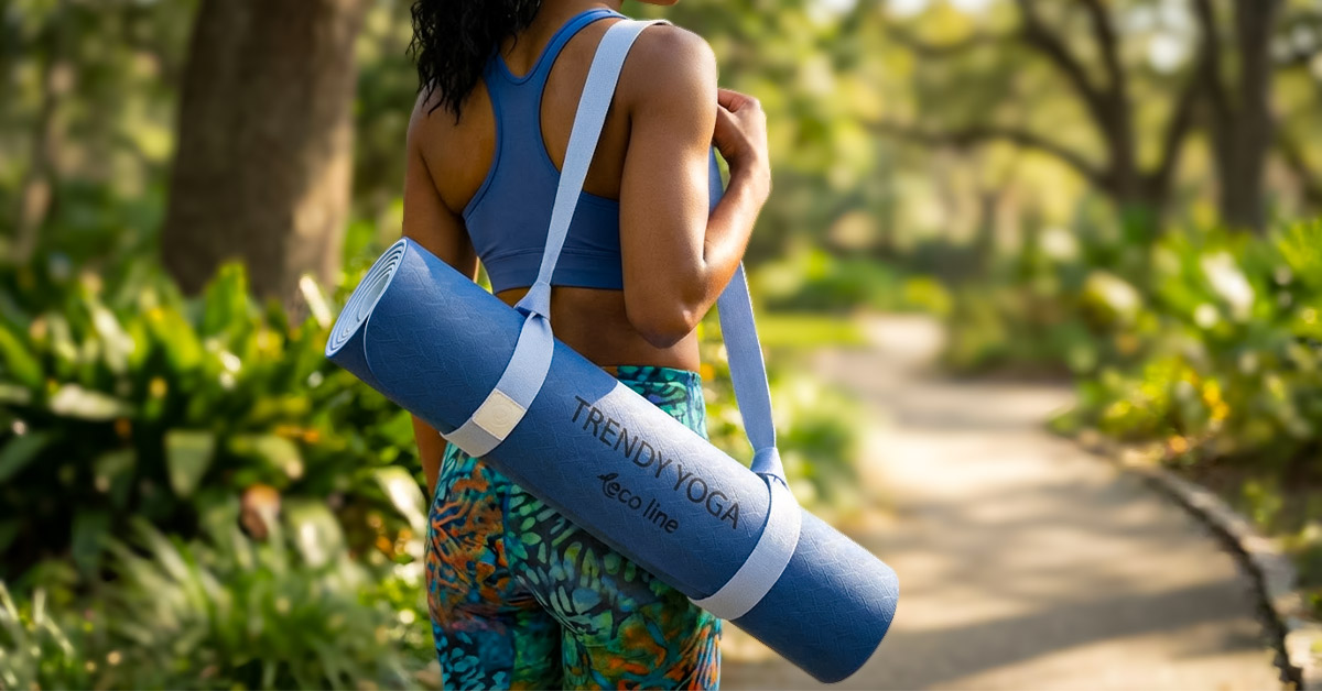 Person trägt gerollte TPE-Yogamatte Bluesky mit Tragegurt über der Schulter im Park.