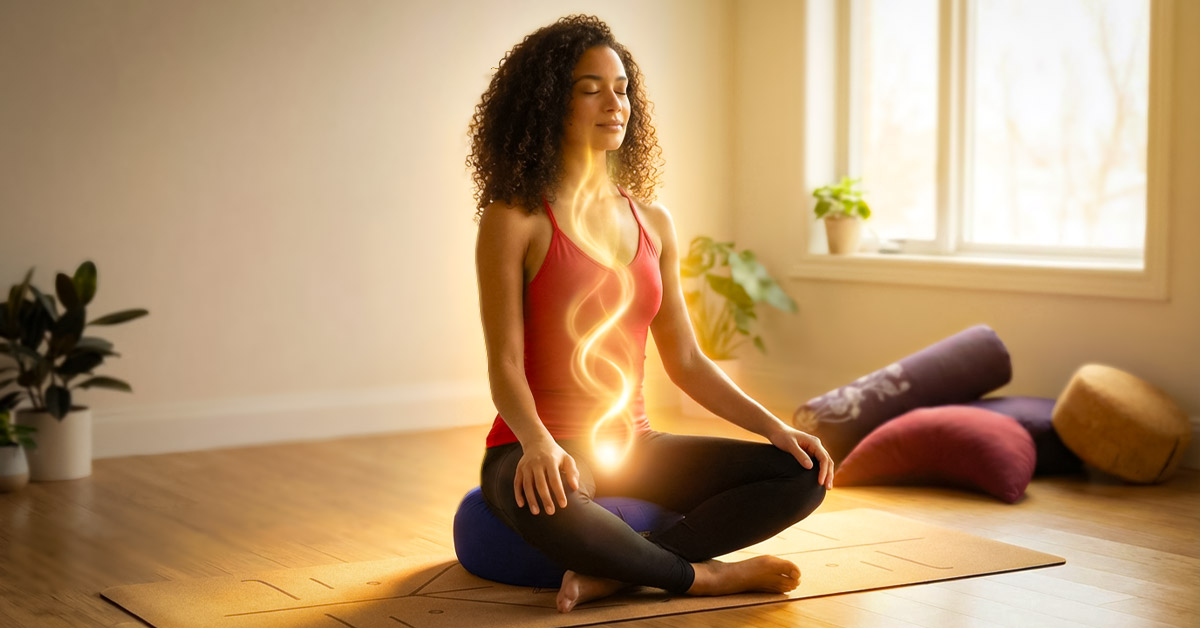 Kundalini Yoga – Dein Weg zu innerer Energie und Klarheit Eine meditierende Person in Kreuzbeinhaltung auf einer Schurwoll-Yogamatte, umgeben von aufsteigendem, goldenem Licht, das die Kundalini-Energie darstellt. Der Ausdruck ist ruhig und konzentriert.