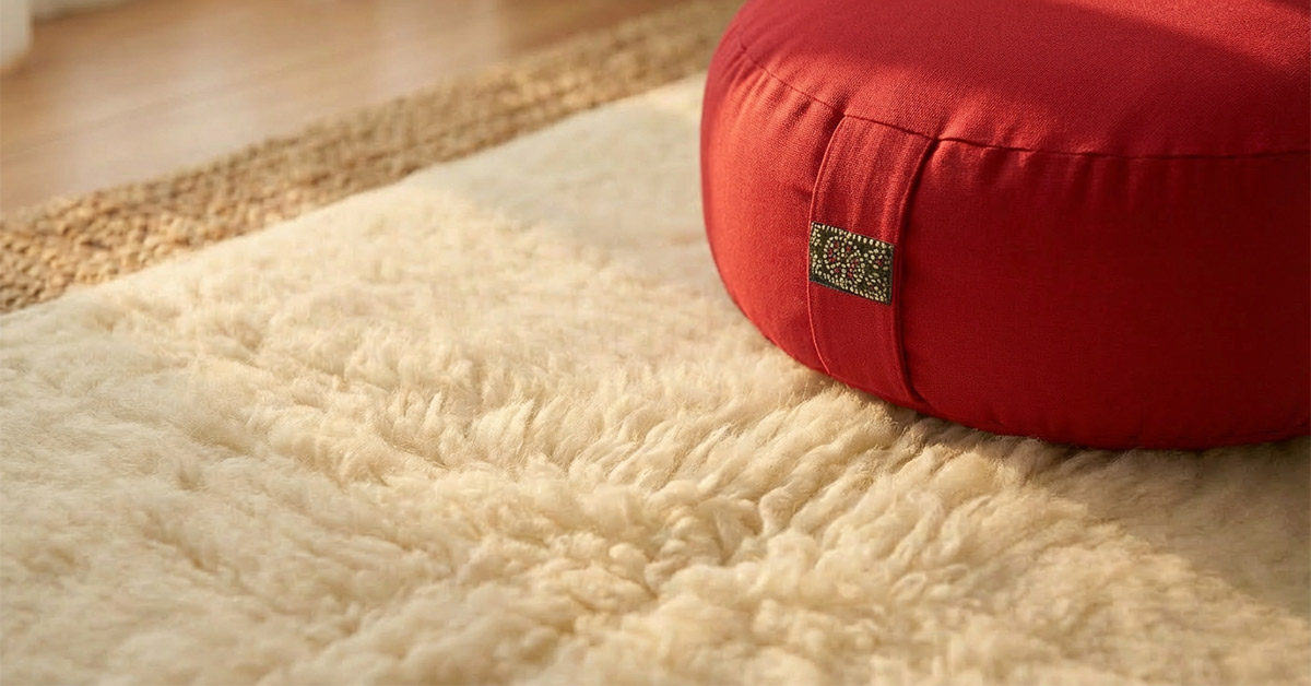 Komfort und Natur: Deine Schurwollmatte für Kundalini Yoga Nahaufnahme einer bequemen Schurwollmatte mit Meditationskissen, ideal für Kundalini Yoga und Entspannung.