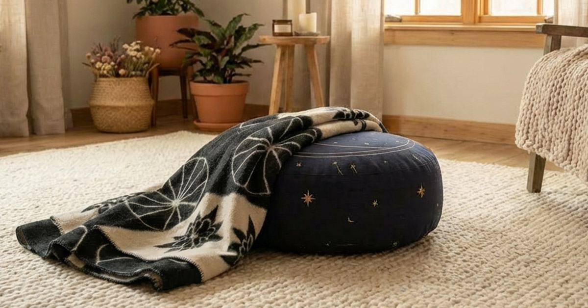 Deine Wolldecke für innere Ruhe und Gemütlichkeit Weiche, graue Wolldecke auf einem Meditationskissen, daneben eine Yogamatte, in einem wohnlichen Raum.