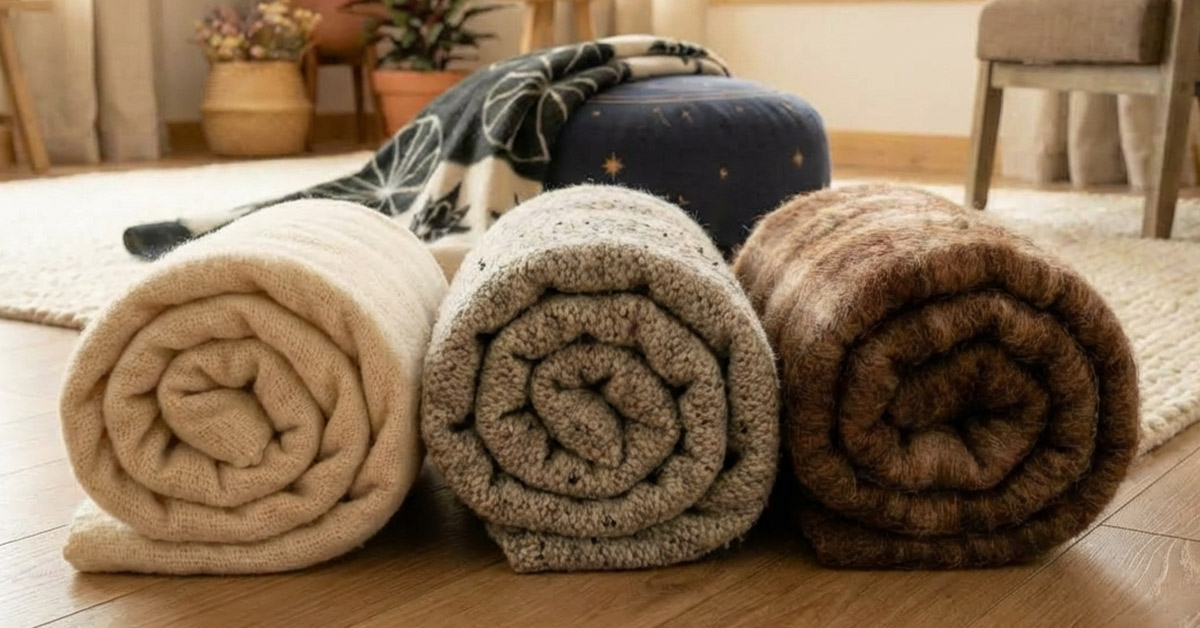 Deine Wolldecke für innere Ruhe und Gemütlichkeit Weiche, graue Wolldecke auf einem Meditationskissen, daneben eine Yogamatte, in einem wohnlichen Raum.