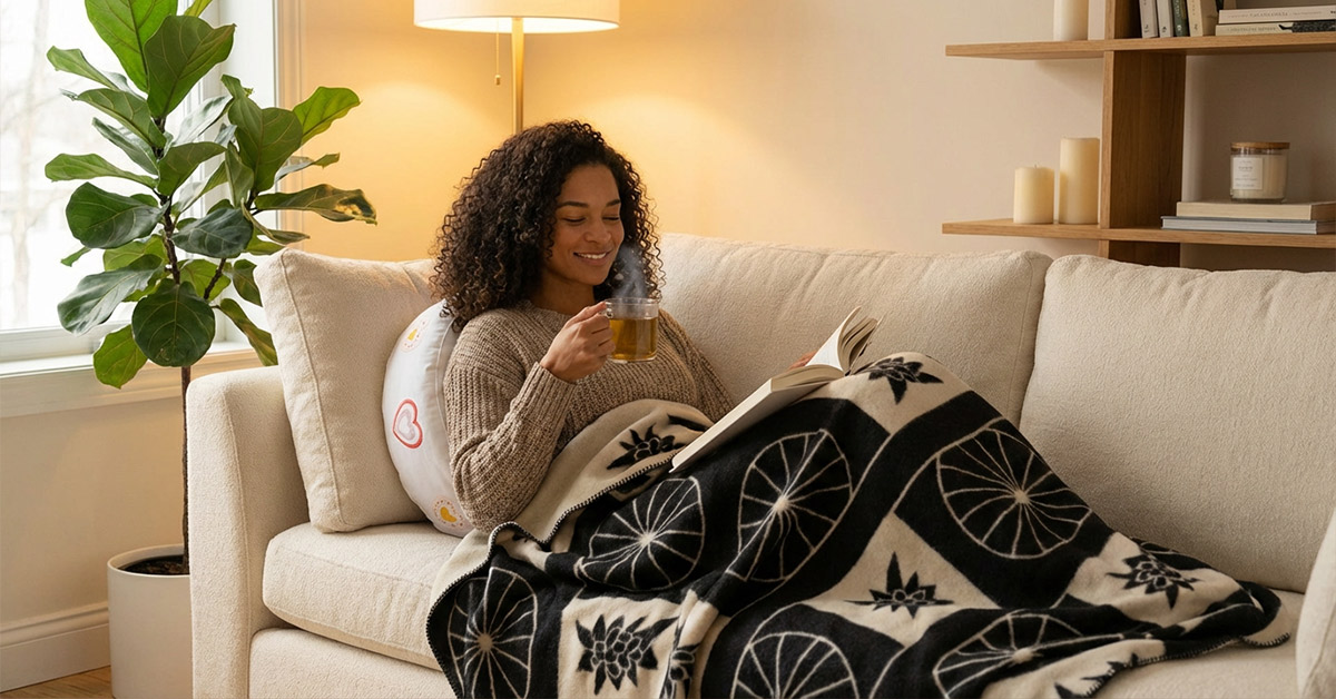 Deine Wolldecke für innere Ruhe und Gemütlichkeit Weiche, graue Wolldecke auf einem Meditationskissen, daneben eine Yogamatte, in einem wohnlichen Raum.