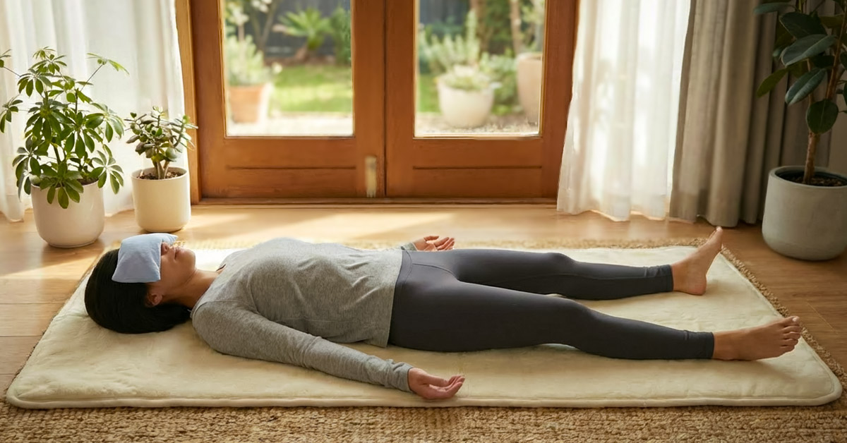 Yogini entspannt tief in der Savasana Yogahaltung auf einer Matte.