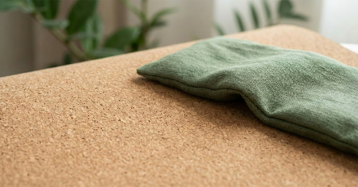 Detail einer nachhaltigen Yogamatte mit Augenkissen für entspanntes Savasana.